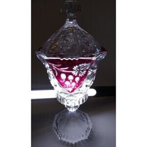 Ruby Flash Glass Compote Red Cranberry Vintage Pattern Candy Dish & Lid Holidays